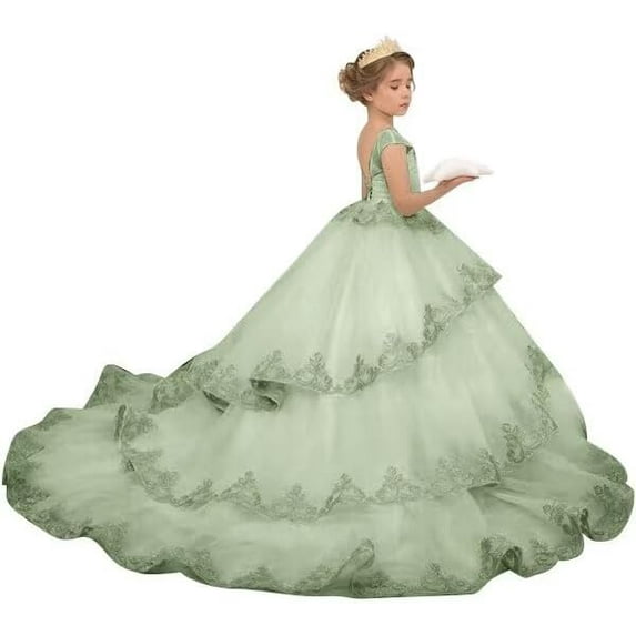 Drtj Lace Appliques Flower Girl Dress Sleeveless Tulle Pageant Gown for Wedding First Communion Party Princess Ball Gown (No Petticoat)