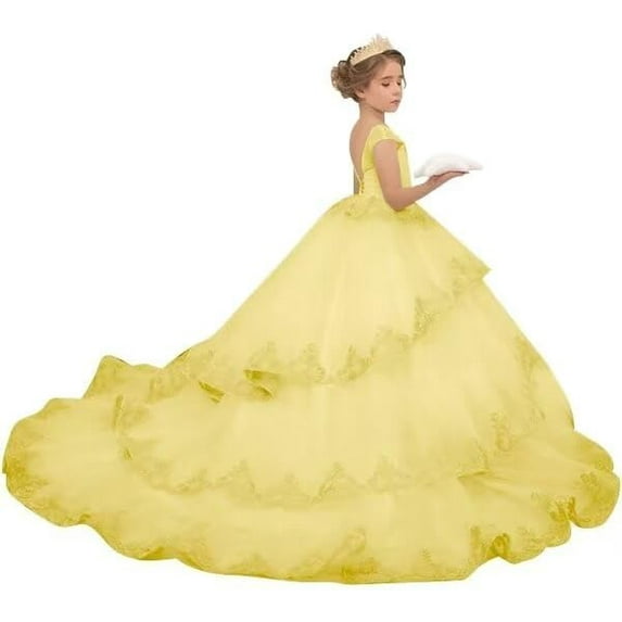 Drtj Lace Appliques Flower Girl Dress Sleeveless Tulle Pageant Gown for Wedding First Communion Party Princess Ball Gown (No Petticoat)