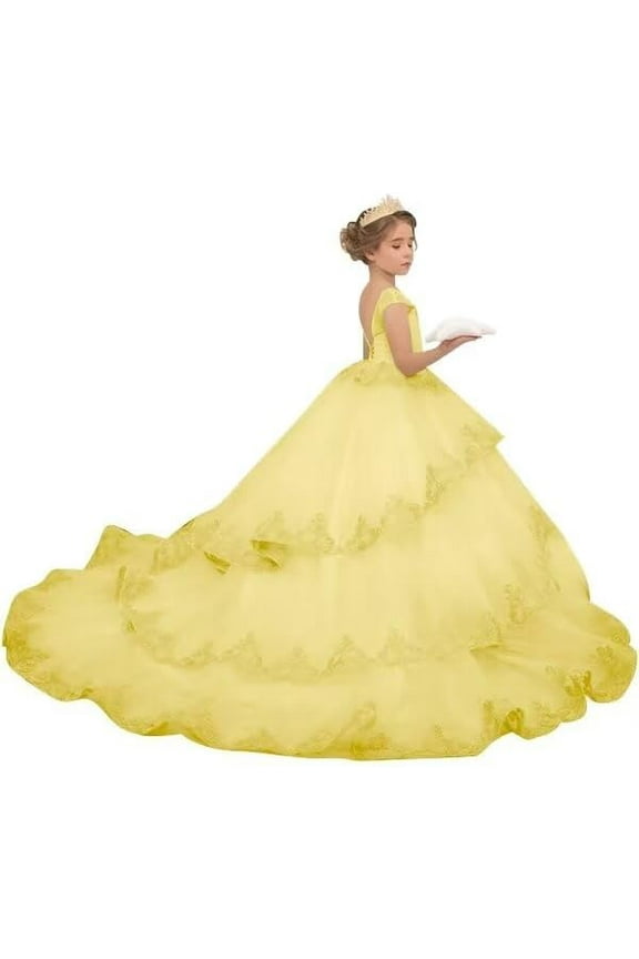 Lace Appliques Flower Girl Dress Sleeveless Tulle Pageant Gown for Wedding First Communion Party Princess Ball Gown (No Petticoat)