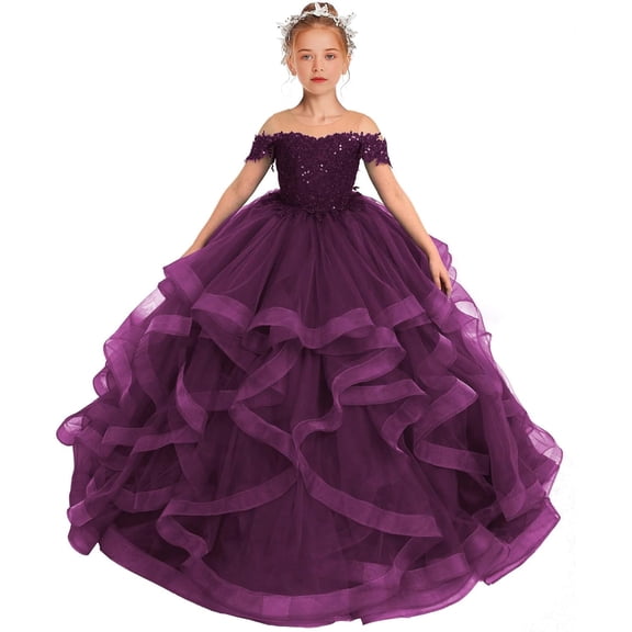 Drtj Lace Flower Girl Dress Sequin Applique Pageant Dresses for Girls Ball Gown Long Ruffle, Sized 2-14T