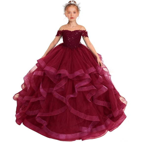 Drtj Lace Flower Girl Dress Sequin Applique Pageant Dresses for Girls Ball Gown Long Ruffle, Sized 2-14T