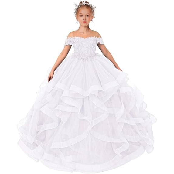 Drtj Lace Flower Girl Dress Sequin Applique Pageant Dresses for Girls Ball Gown Long Ruffle, Sized 2-14T