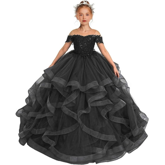 Drtj Lace Flower Girl Dress Sequin Applique Pageant Dresses for Girls Ball Gown Long Ruffle, Sized 2-14T