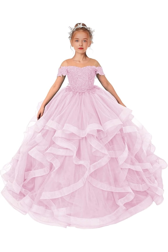 Lace Flower Girl Dress Sequin Applique Pageant Dresses for Girls Ball Gown Long Ruffle, Sized 2-14T