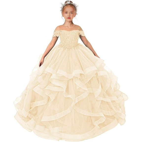 Drtj Lace Flower Girl Dress Sequin Applique Pageant Dresses for Girls Ball Gown Long Ruffle, Sized 2-14T