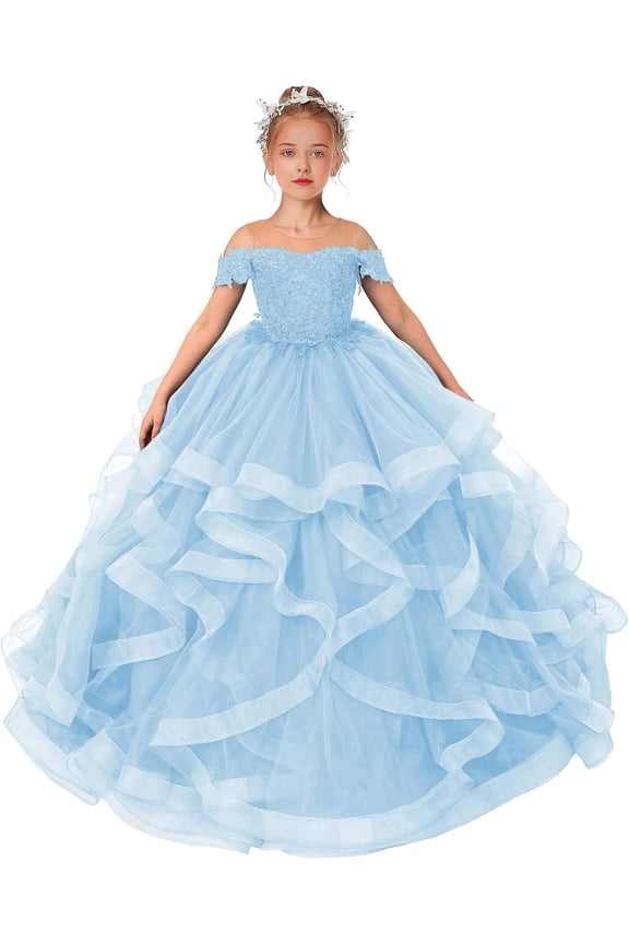Lace Flower Girl Dress Sequin Applique Pageant Dresses for Girls Ball Gown Long Ruffle, Sized 2-14T
