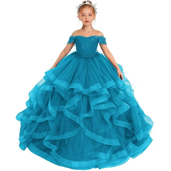 Drtj Lace Flower Girl Dress Sequin Applique Pageant Dresses for Girls Ball Gown Long Ruffle, Sized 2-14T