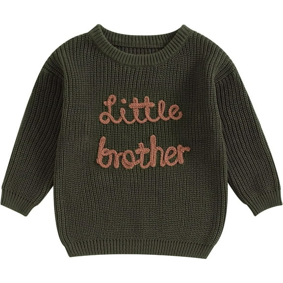 Drtj Little Brother Matching Outfits Letter Embroidery Knit Sweater Shirt Baby Boy Winter Warm Clothes, Army green, 2T