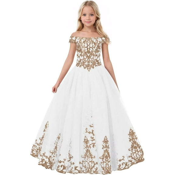 Drtj Off-Shoulder Flower Girl Dress Elegant Tulle Princess Pageant Dress with Lace Appliques First Communion & Wedding Dress for Girls (Ages 2-16)