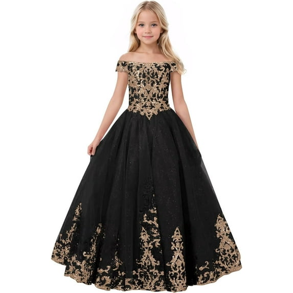 Drtj Off-Shoulder Flower Girl Dress Elegant Tulle Princess Pageant Dress with Lace Appliques First Communion & Wedding Dress for Girls (Ages 2-16)