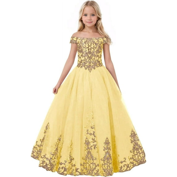 Drtj Off-Shoulder Flower Girl Dress Elegant Tulle Princess Pageant Dress with Lace Appliques First Communion & Wedding Dress for Girls (Ages 2-16)