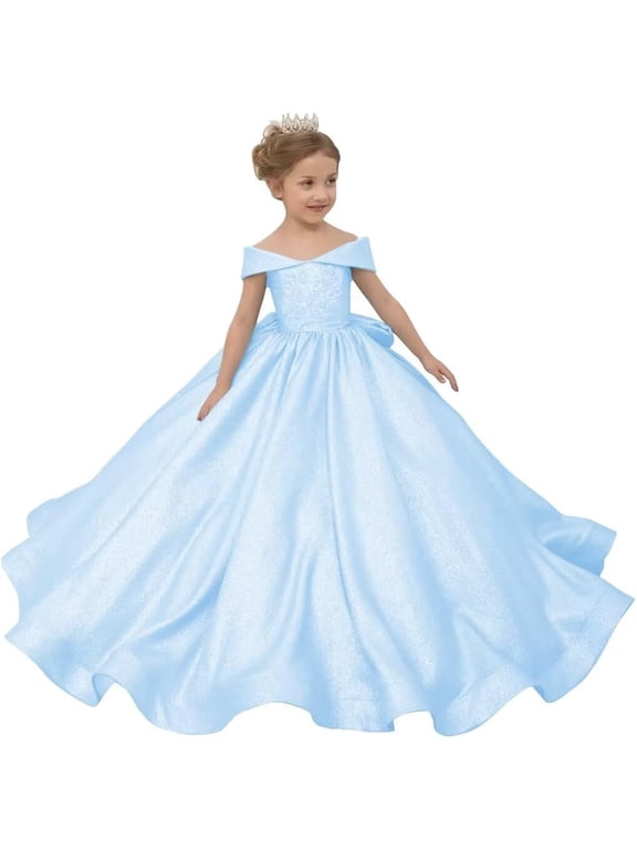 Satin Flower Girl Dress Off-the-Shoulder First Communion Pageant Dress with Big Bow Princess Ball Gown for Weddings Special Occasions (Ages 2-16)