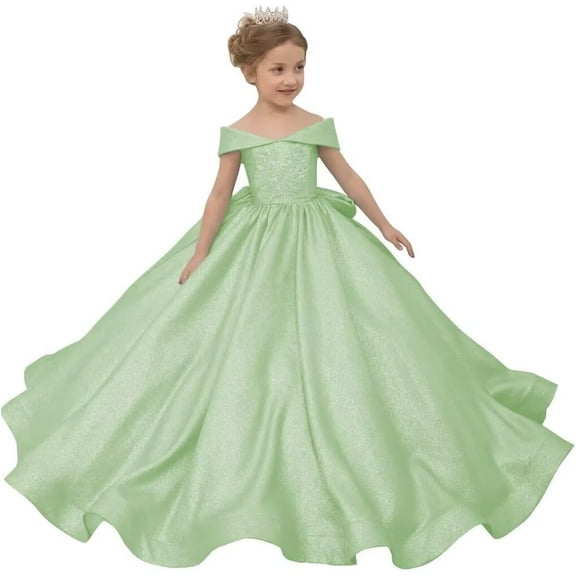 Drtj Satin Flower Girl Dress Off-the-Shoulder First Communion Pageant Dress with Big Bow Princess Ball Gown for Weddings Special Occasions (Ages 2-16)