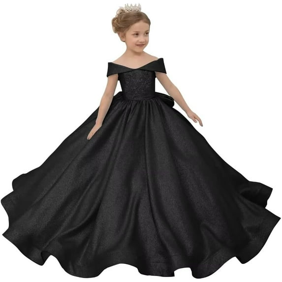 Drtj Satin Flower Girl Dress Off-the-Shoulder First Communion Pageant Dress with Big Bow Princess Ball Gown for Weddings Special Occasions (Ages 2-16)