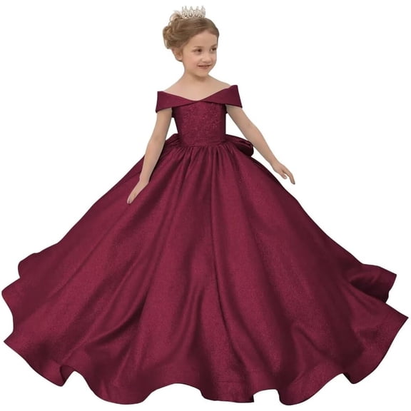 Drtj Satin Flower Girl Dress Off-the-Shoulder First Communion Pageant Dress with Big Bow Princess Ball Gown for Weddings Special Occasions (Ages 2-16)