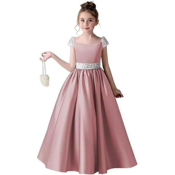 Drtj Satin Flower Girl Dress Sequin Princess Pageant Dresses for Girls Party Birthday Dress for Girls Prom Ball Gown
