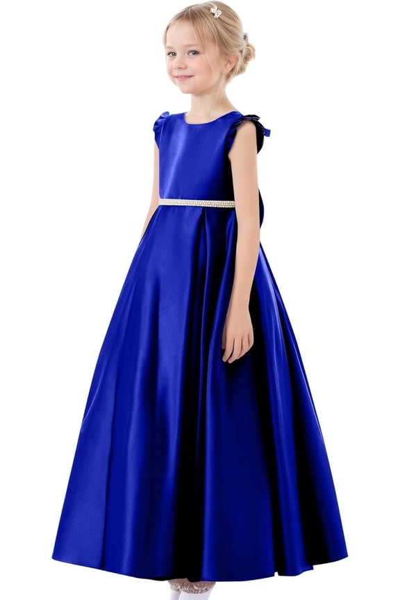Satin Flower Girl Dress with Back Bow A-Line Princess Pageant Gown for First Communion, Wedding & Party (2-16 Years)