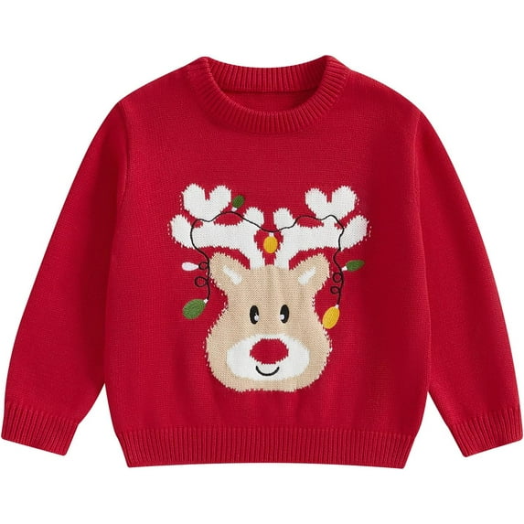Drtj Toddler Baby Boy Girl Knit Sweater Christmas Outfit Deer Pullover Crewneck Sweatshirt Warm Christmas Sweater, Sized 12-18 Months, Color Red Lamp Deer