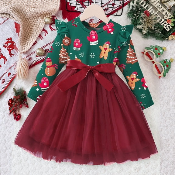 Drtj Toddler Girls Christmas Dresses Long Sleeve Winter Comfy Active Graphic Outfits, Sized 6-7Y, Color Red Gingerbread Man