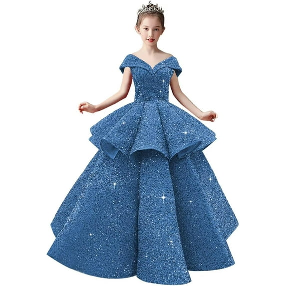 Drtj Toddler Teenager Flower Girl Strapless Multi Layered Gowns Glitter Prom Dresses Children Prom Party Dresses
