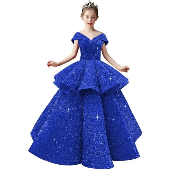 Drtj Toddler Teenager Flower Girl Strapless Multi Layered Gowns Glitter Prom Dresses Children Prom Party Dresses