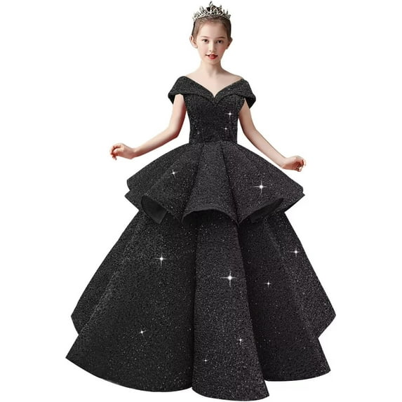 Drtj Toddler Teenager Flower Girl Strapless Multi Layered Gowns Glitter Prom Dresses Children Prom Party Dresses