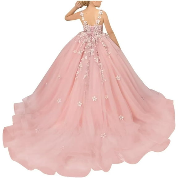 Drtj Tulle Flower Girl Dresses Wedding Floral Appliques Princess Pageant Birthday Party Ball Gown
