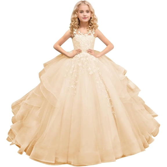 Drtj Tulle Flower Girl Maxi Dresses Princess Pageant Dress Wedding Party Evening Formal Pegeant Dance Gown