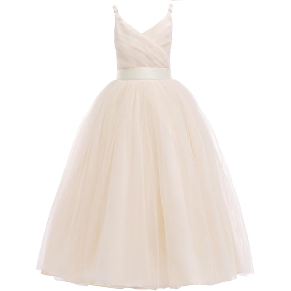 Drtj V-Neck Flower Girl Tulle WeddingBridesmaid Dresses Princess Dresses Children's Birthday Ball Formal Dresses Girls Prom Dresses, Sized 12T, Color Champagne