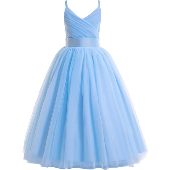 Drtj V-Neck Flower Girl Tulle WeddingBridesmaid Dresses Princess Dresses Children's Birthday Ball Formal Dresses Girls Prom Dresses, Sized 4T, Color Cambridge blue
