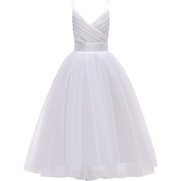 Drtj V-Neck Flower Girl Tulle WeddingBridesmaid Dresses Princess Dresses Children's Birthday Ball Formal Dresses Girls Prom Dresses, Sized 4T, Color White