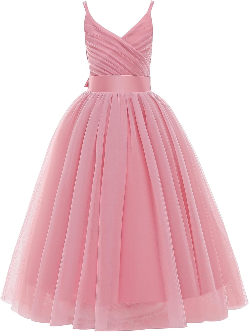 Drtj V-Neck Flower Girl Tulle WeddingBridesmaid Dresses Princess Dresses Children's Birthday Ball Formal Dresses Girls Prom Dresses, Sized 6T, Color Pink