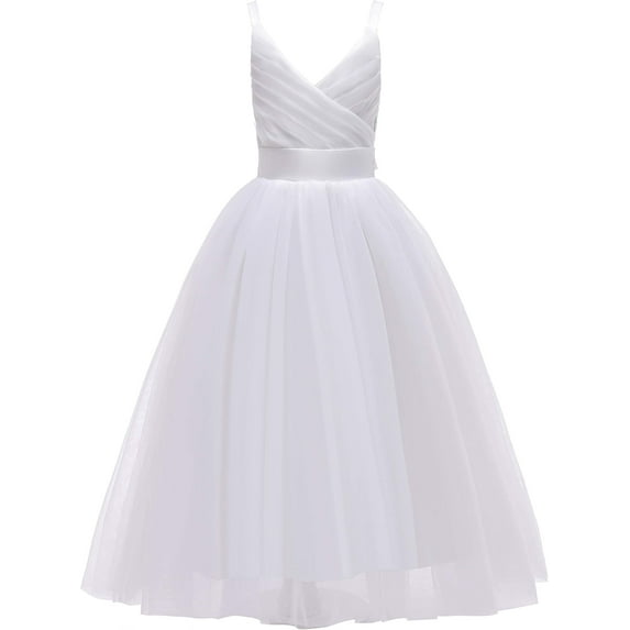 Drtj V-Neck Flower Girl Tulle WeddingBridesmaid Dresses Princess Dresses Children's Birthday Ball Formal Dresses Girls Prom Dresses, Sized 6T, Color White