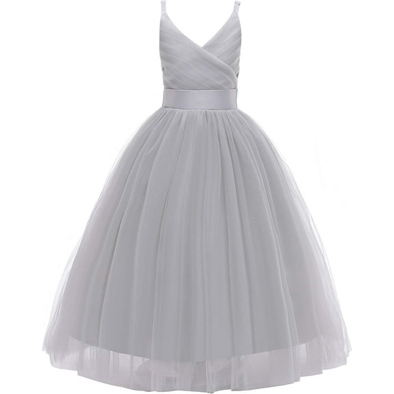 Drtj V-Neck Flower Girl Tulle WeddingBridesmaid Dresses Princess Dresses Children's Birthday Ball Formal Dresses Girls Prom Dresses, Sized 8T, Color Gray