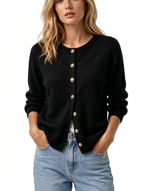 Women’s Crew Neck Gold Button Knit Cardigan, Long Sleeve Fall Winter Casual Sweater
