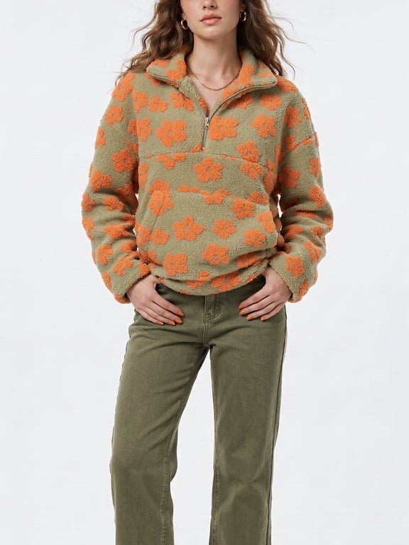 Women's Half Zip Floral Sherpa Fleece Pullover, Warm Teddy Fuzzy Sweatshirt for Fall Winter