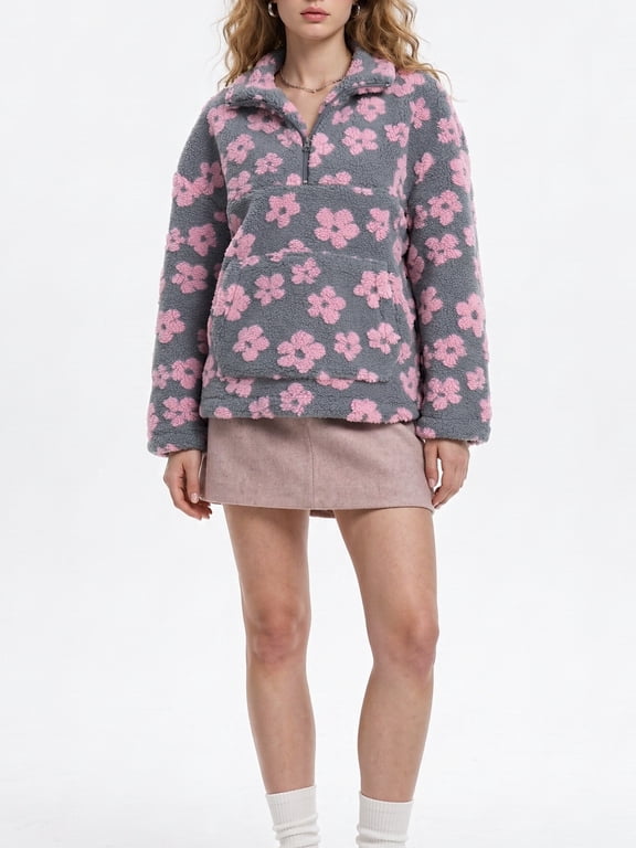 Women's Half Zip Floral Sherpa Fleece Pullover, Warm Teddy Fuzzy Sweatshirt for Fall Winter