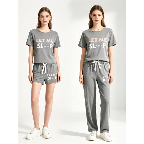 Drtj Womens 3 Pcs Pjs Lounge Set, Short Sleeve Graphic Print Sleep Top, Matching Shorts and Long Pants, Soft Casual Sleepwear Pajamas for Women