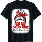Drug Free Shirt Red Ribbon Week Awareness Messy Bun Bleached T-Shirt