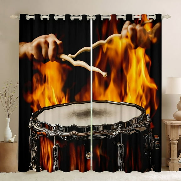 Drum 30%-50% Blackout Curtains,Drum Set Print Curtains,Instrument Musical Insulated Curtains & Drapes,Golden Black 3D Fire Drumming Window Curtains,2 Panels,((38Wx54L))