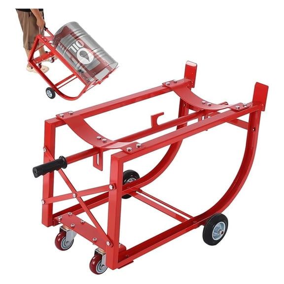 Drum Cradle with Wheels, 55 Gallon Movable Drum Stand, Tilting Oil Drum Rack with Retractable Drawbar, Industrial Steel Drum Handling Cradle for Workshop, Factory, Garage, Warehouse
