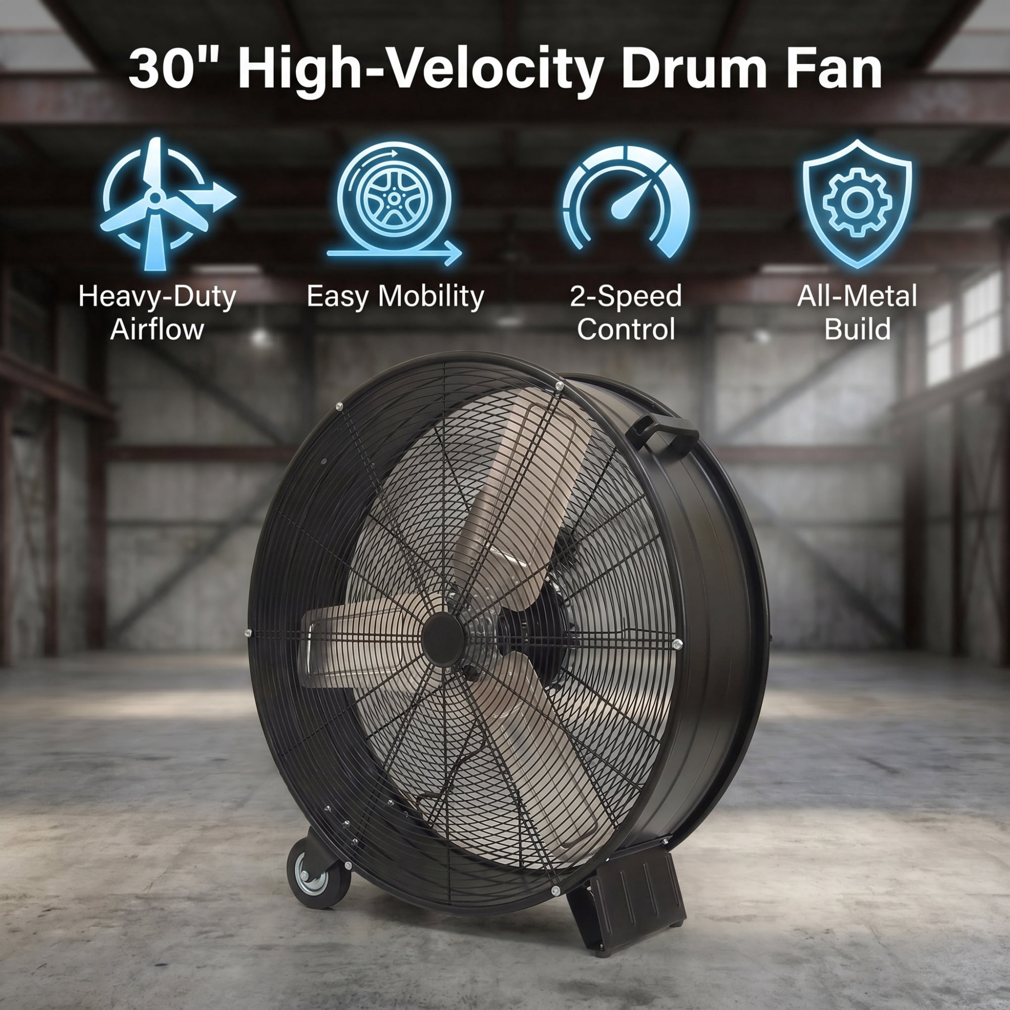 Drum Fan 30 Inch Heavy Duty Industrial Fan, High Velocity Shop Fan and Floor Fan with Aluminum Blades and Copper Motor for Warehouse Workshop Garage, Black