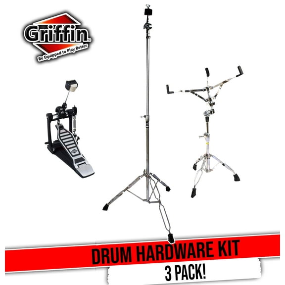 Drum Hardware Kit (3 Piece Set) by GRIFFIN - Kick Drum Pedal, Snare Stand & Straight Cymbal Stand | Deluxe Double-Chain Steel Pedal, Slip-Proof Gear Tilter & Clamp Basket Holder