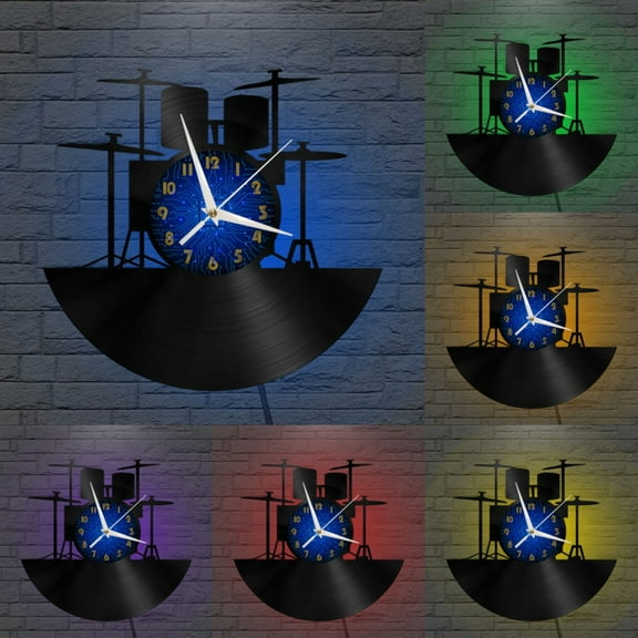 Drum Kit 3 12 Inch Vinyl Record Wall Clock - Silent, Creative, and Unique Clock for Living Room, Entryway, or Bedroom Decor - Perfect Gift Idea(12 inchs B with LED)