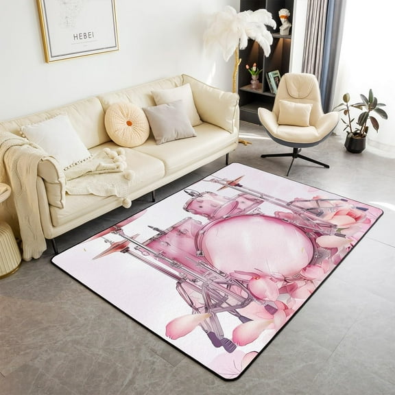 Drum Kit Area Rug, Rock Music Themed Non Slip Rug For Kids Teen Boys Women Men,Rose Flowers Pink Indoor Floor Mat For Dining Room Backyard Decor 4x5ft