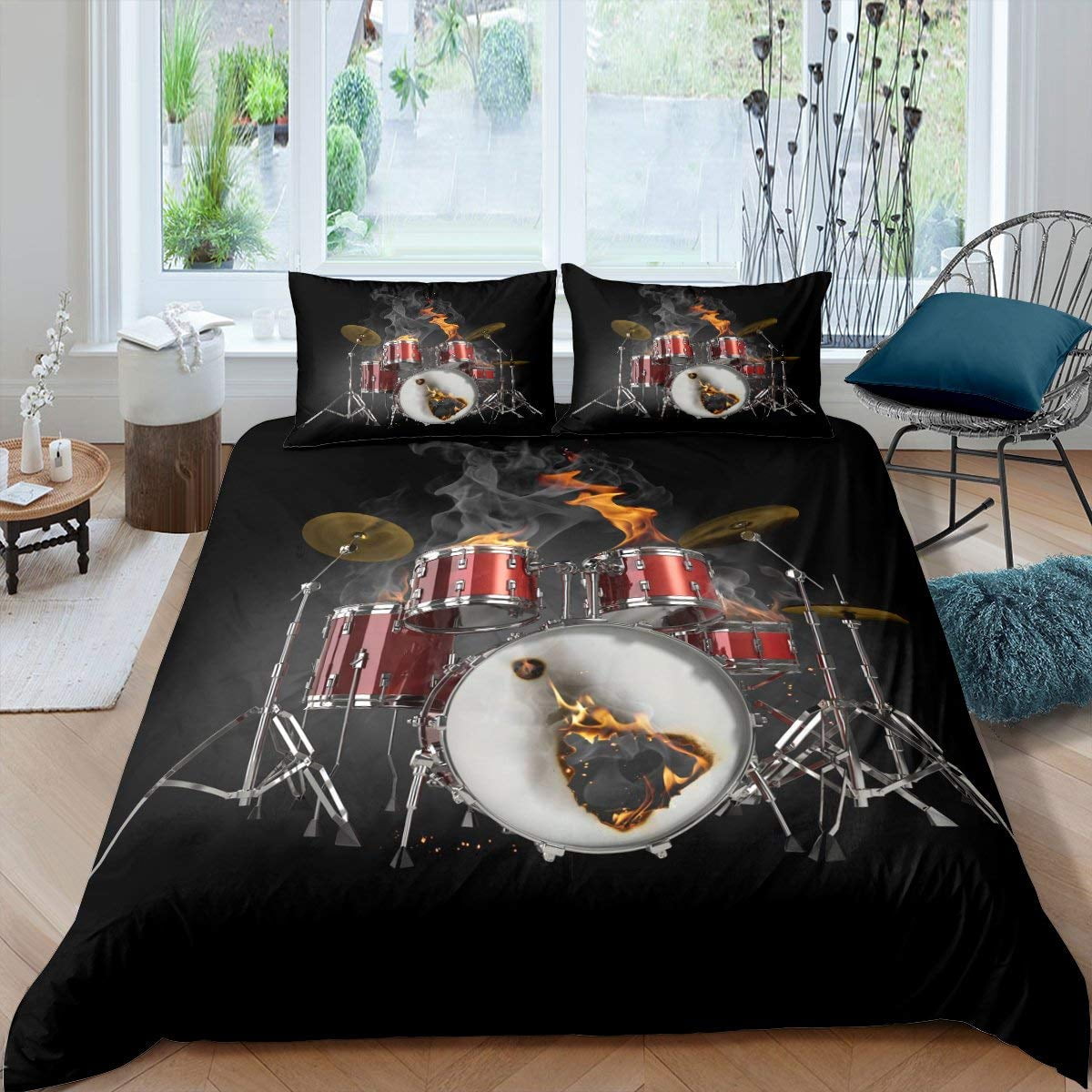 Drum Kit Duvet Cover Set Hip Hop Bedding Set Queen Size Rock Music Gold