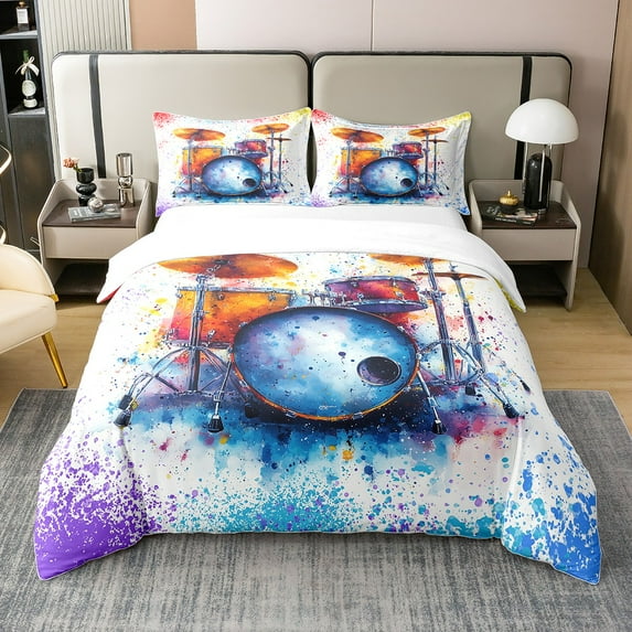 Drum Kit Duvet Cover Twin,Colorful Musical Themed Comforter Cover with 1 Pillowcase,Fashion Rock Music Bedding Set Bedroom Decor,Music Lovers Quilt Cover,Not Comforter