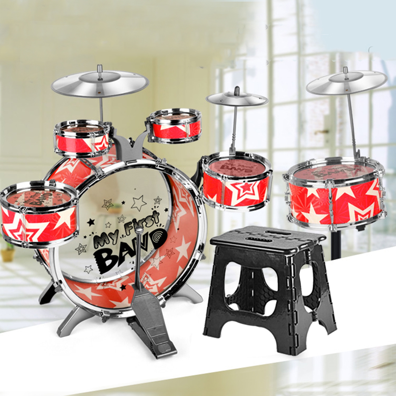 Drum Kit Kids Drum Set 6 Piece Jazz Drum Kit with Cymbal Pedal Drumsticks Folding Step Stool Percussion Musical Instrument for Children Beginners Plastic Metal