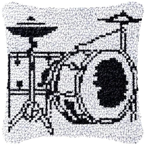 Drum Kit Latch Hook Pillow Cover Kits for DIY Handmade Throw Pillow Cross Stitch Latch Hook Pillowcase Rug Kits with Preprinted Color Pattern Canvas Crochet Yarn Kits 17''X 17''(ys47)
