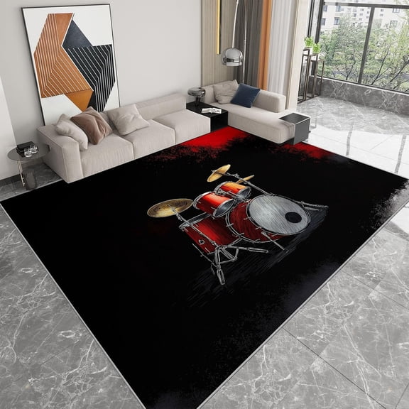 Drum Kit Music Area Rugs, Black Musical Instrument Carpet, Washable Non Slip Low Pile Soft Rug for Living Room Bedroom Dining Room Home Office Decor Mat 5x8ft